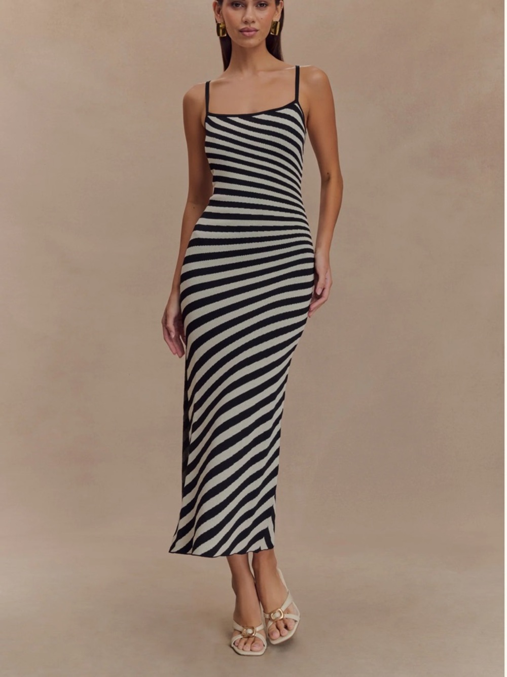 Meshki Black & Cream Diagonal Stripe Spaghetti Strap Maxi Dress